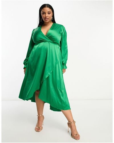 AX Paris – langärmliges wickelkleid aus satin - Grün