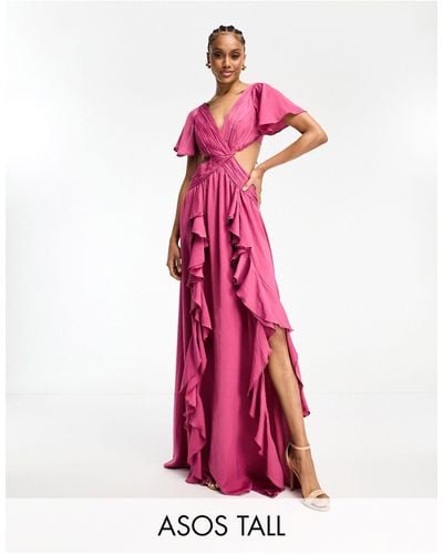 ASOS Asos Design Tall Satin Ruffle Flutter Sleeve Maxi Dress With Cut Out Waist - Pink