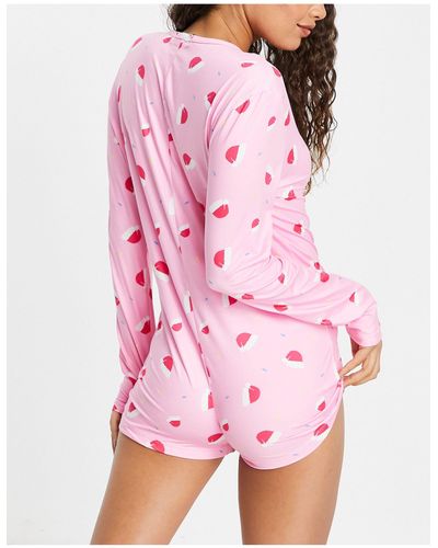 Loungeable Petite Christmas Pajama Romper - Pink
