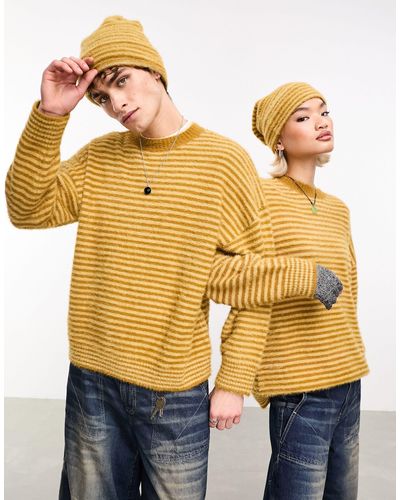 Collusion Unisex Eyelash Fluffy Oversized Stripe Sweater - Yellow