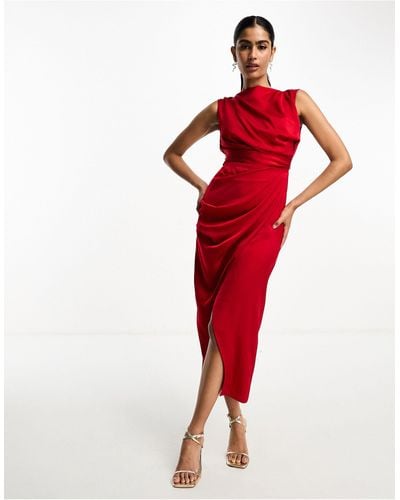 ASOS Satin Drape Midi Dress With Wrap Skirt - Red