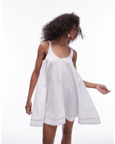 TOPSHOP Poplin Trapeze Mini Dress With Topstitch Detail - White
