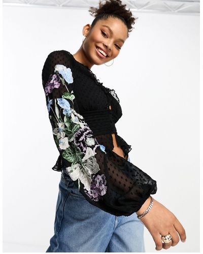 ASOS Sheer Embroidered Sleeve Blouse - Black