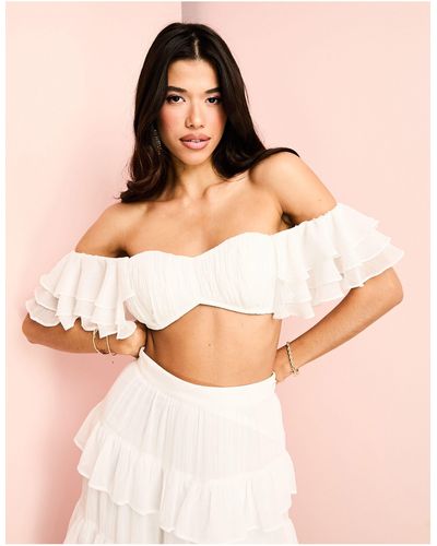 ASOS Co-ord Beach Ruched Bralet With Tiered Sheer Sleeves - Brown