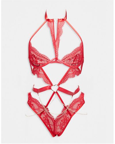 Ann Summers Love Mi Amor Ouvert Lace Bodysuit With Heart Hardware - Red