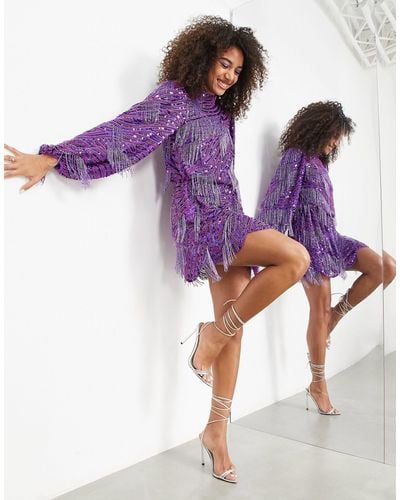 ASOS Edition Sequin Beaded Fringe Long Sleeve Minidress - Purple