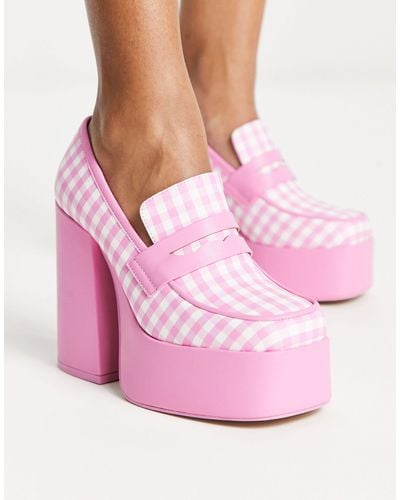 Daisy Street Platform Heeled Loafers - Pink