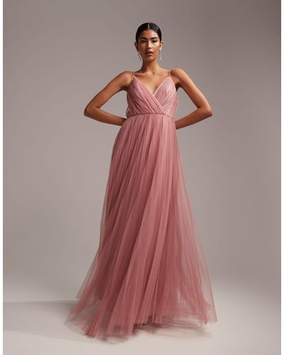 ASOS Bridesmaid Cami Pleated Tulle Maxi Dress - Pink