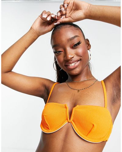 Missguided – geripptes bikini-oberteil mit bügel und v-detail vorne - Orange