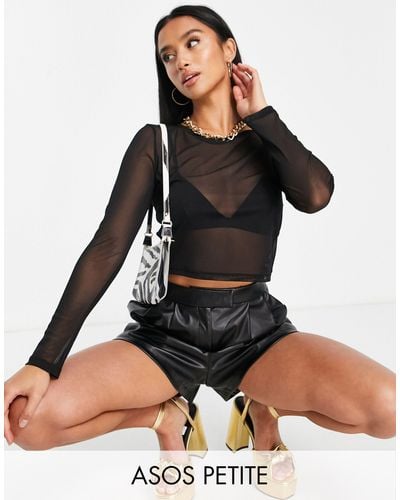 ASOS Asos Design Petite Cropped Long Sleeve Mesh Top - Black