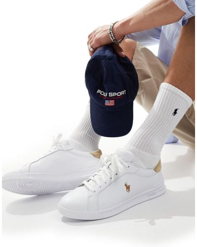 Polo Ralph Lauren Heritage court - sneakers bianche con linguetta color cuoio sul tallone - Bianco