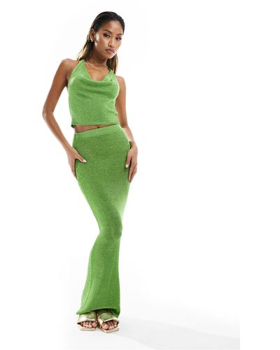 In The Style X Perrie Sian Metallic Knitted Asymmetric Maxi Skirt Co-ord - Green