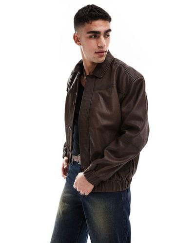 ASOS Oversized Real Leather Harrington Jacket - Black