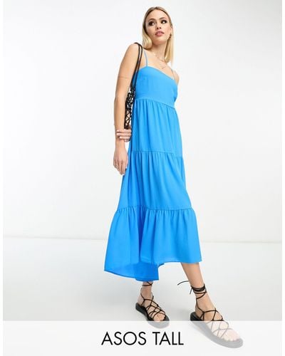 ASOS Asos Design Tall Open Back Tiered Hi Low Hem Maxi Dress - Blue