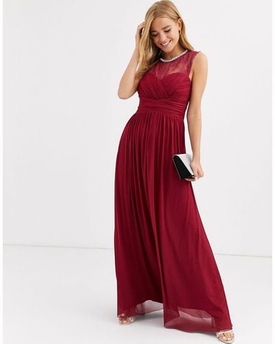 Lipsy Ruched Maxi Dress With Lace Yolk And Embellished Neck - Red