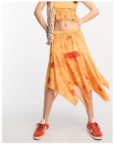 Reclaimed (vintage) Asymmetric Midi Skirt With Lace And Broderie Detail - Orange