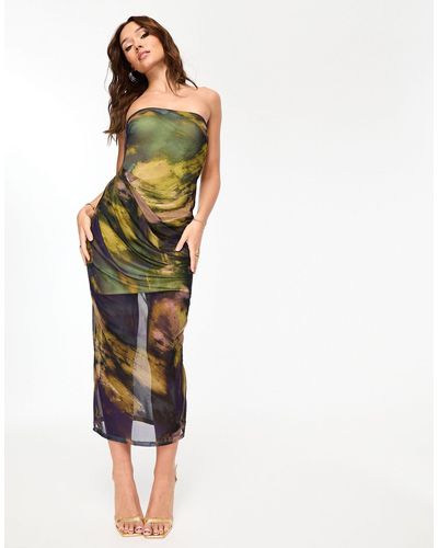 ASOS Bandeau Midi Dress With Drape Mesh Bodice - Multicolor
