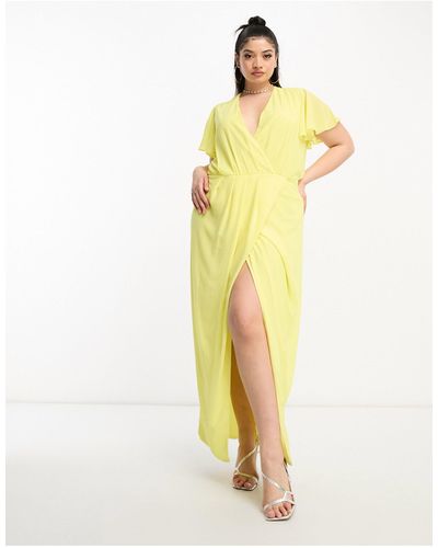 Tfnc Plus Bridesmaid Chiffon Wrap Front Maxi Dress With Flutter Sleeve - Yellow
