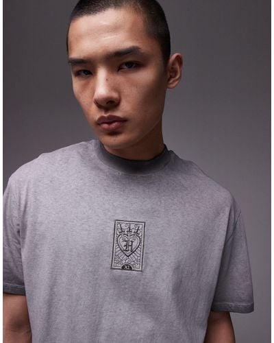 TOPMAN Oversized Fit T-shirt With Playing Card Embroidery - Gray