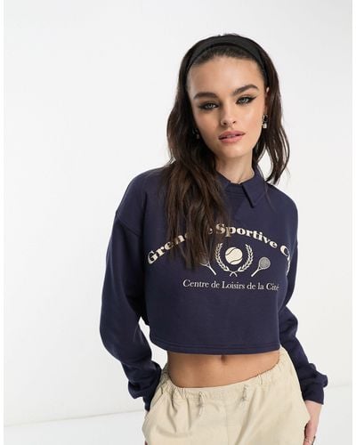 Bershka Crop Sweatshirt Met Kraagje En Tennisprint - Blauw