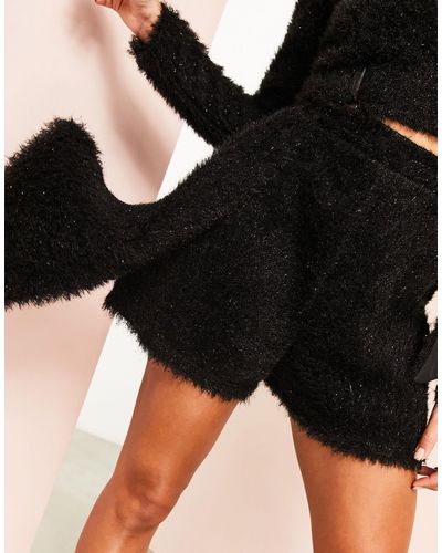 ASOS Co-ord Faux Fur Fluffy Bow Shorts - Black