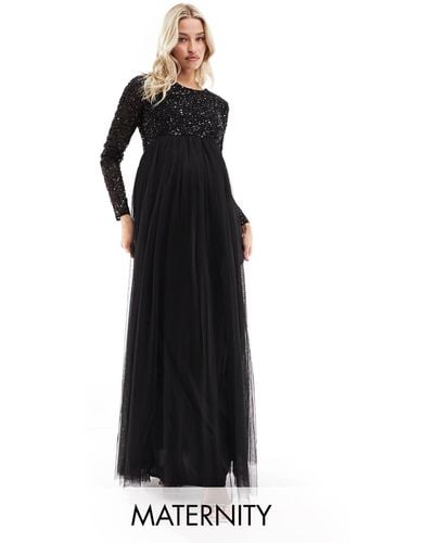 Maya Maternity Bridesmaid Long Sleeve Maxi Tulle Dress With Tonal Delicate Sequin - Black