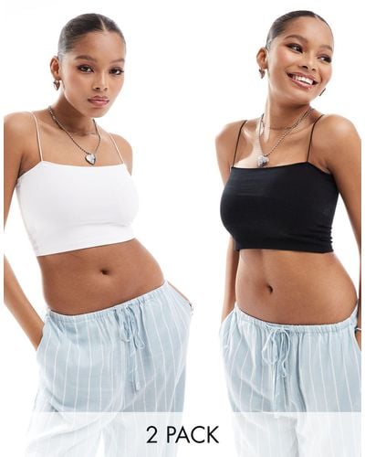 Pull&Bear 2 Pack Strappy Ribbed Tube Crop Top - Blue