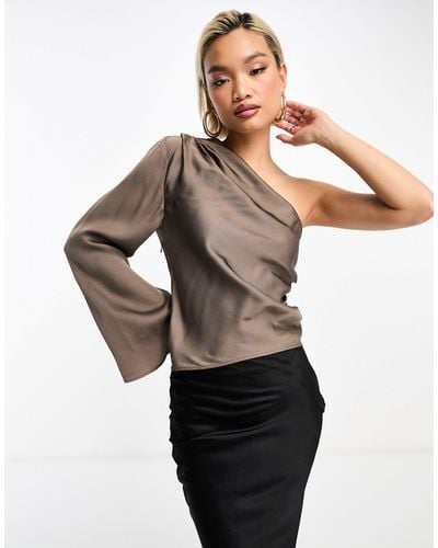 & Other Stories One Shoulder Top With Draped Tie Neck And Fluted Sleeve - Brown