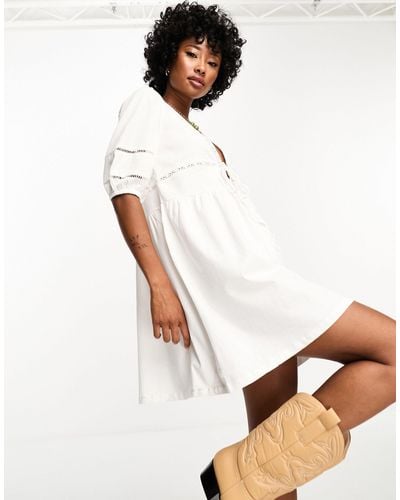 ASOS Crochet Insert Waisted Mini Dress With Lace Up Detail - White