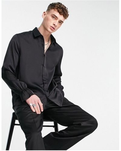 ASOS Relaxed Satin Shirt With Flute Sleeve - Black