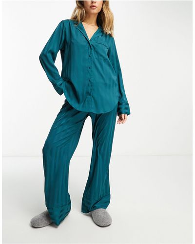 Abercrombie & Fitch Top de pijama azul cerceta abotonado de satén mix & match de -verde