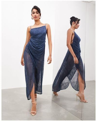 ASOS Fine Lace Cami Maxi Dress With Drape Detail - Blue