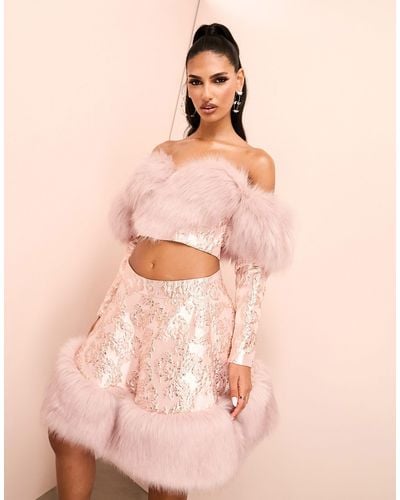 ASOS Floral Jacquard Skater Skirt With Faux Fur Hem - Pink