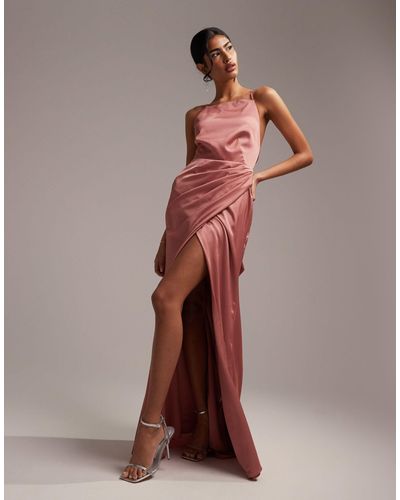 ASOS Bridesmaid Satin Square Neck Maxi Dress With Side Split - Pink