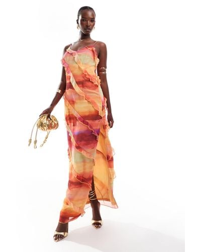 In The Style X Perrie Sian Exclusive Cami Ruffle Trim Maxi Dress - Orange