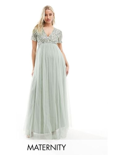 Maya Maternity Bridesmaid Short Sleeve Maxi Tulle Dress With Tonal Delicate Sequins - Green