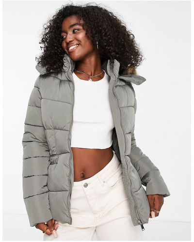 New Look Waisted Puffer Coat With Faux Fur Hood - Gray