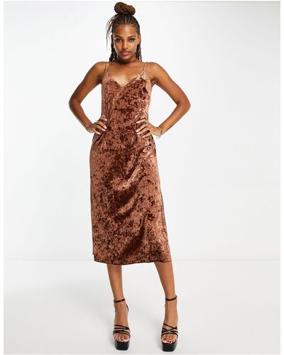 Monki Velvet Midi Slip Dress - Brown