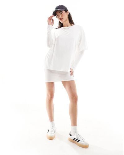 ASOS High Neck Ribbed Long Sleeve Mini T-shirt Dress With Overlay - White