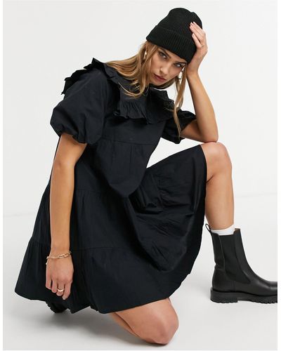 Warehouse Ruffle Bib Mini Dress - Black