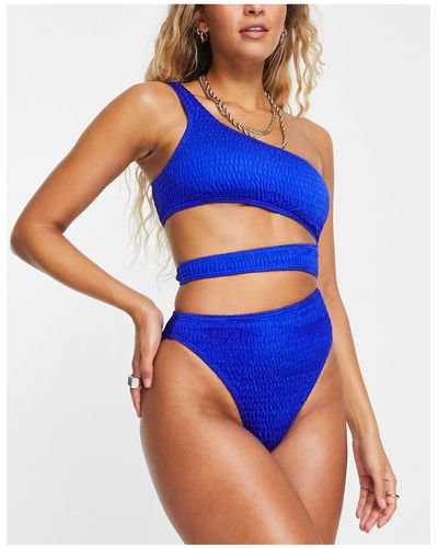 South Beach Crinkle Cut Out One Shoulder Swimsuit - Blue