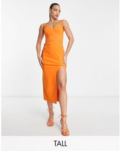 Vesper Cross Over Cami Strap Midi Side Split Dress - Orange