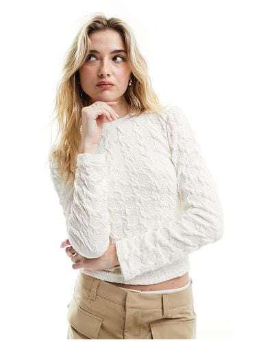 Vila Long Sleeved Top With Rose Texture Print - White