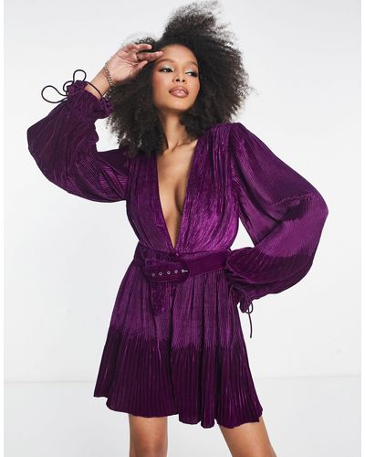 ASOS Velvet Belted Mini Dress With Kimono Sleeve - Purple