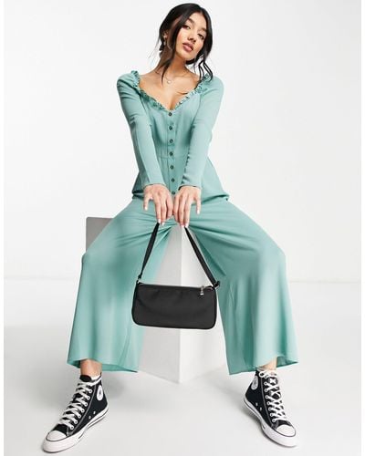ASOS Bubble Crepe Long Sleeve Milkmaid Tea Jumpsuit - Green