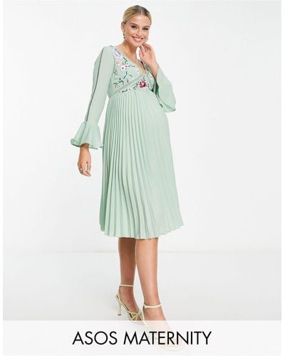 ASOS Asos Design Maternity Embroidered Pleated Midi Dress - Green