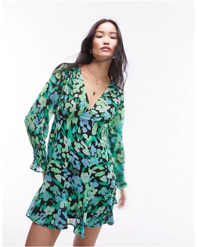 TOPSHOP Long Sleeve Godet Mini Tea Dress - Green