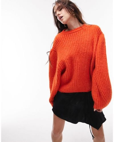TOPSHOP Knitted Volume Sleeve Fluffy Sweater - Red