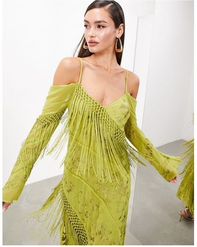 ASOS Floral Embroidered Long Sleeve Bias Cut Maxi Dress With Fringe - Green