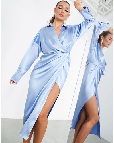 ASOS Split Drape Satin Midi Shirt Dress - Blue